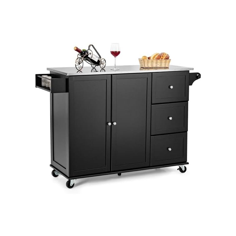 Szafka Kuchenna, 135 x 45,5 x 91,5 cm, Szafka na Kółkach z Półką na Przyprawy i Wieszakiem na Ręczniki, Czarna