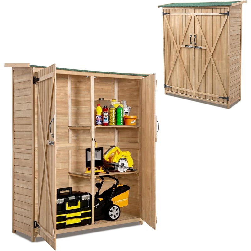 Skrzynia na Narzędzia Ogrodowe z Drewna Świerkowego – Dach Pokryty Asfaltem – Drzwi z Zamkiem i Regały – 140 x 50 x 162 cm – Naturalna
