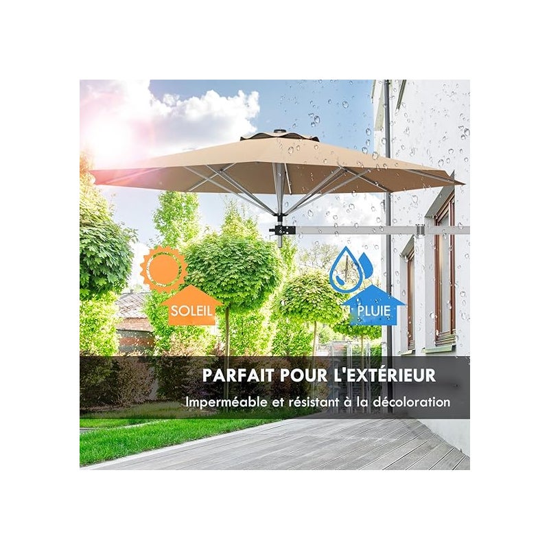 247 cm Parasol Ścienny z Ramieniem Bocznym, Parasol Tarasowy z Odchylaną Głowicą i Regulowanym Wspornikiem, z 8 Żebrami, Wentylacją, Beżowy