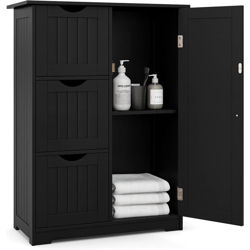 Szafka Łazienkowa z 3 Szufladami i 1 Szafką, Magnetyczna Drzwiczki, Zabezpieczenie przed Przewróceniem, Regulowane Regały, 60 x 30 x 82 cm, Czarna