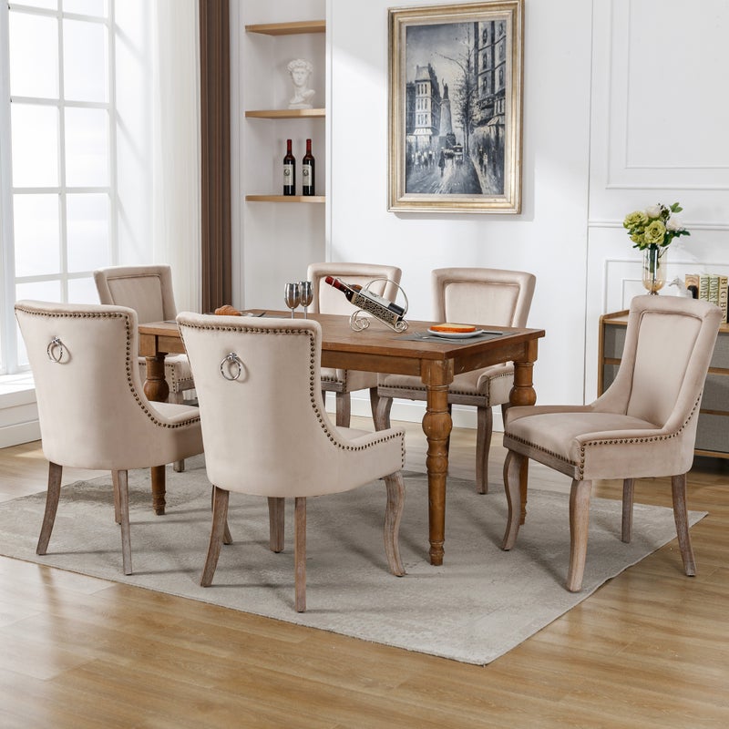Zestaw 6 luksusowych krzeseł do jadalni - Aksamit i lite drewno - Ozdoba w formie nitów - Beż