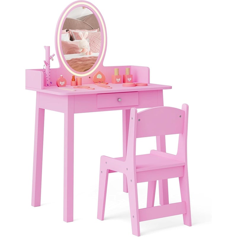 Toaletka dla Dzieci z Dwukolorowym Oświetleniem LED, z Fotelem, Szuflada, Owalne Lustro, Organizer na Biżuterię, dla Dzieci w Wieku 3-8 Lat