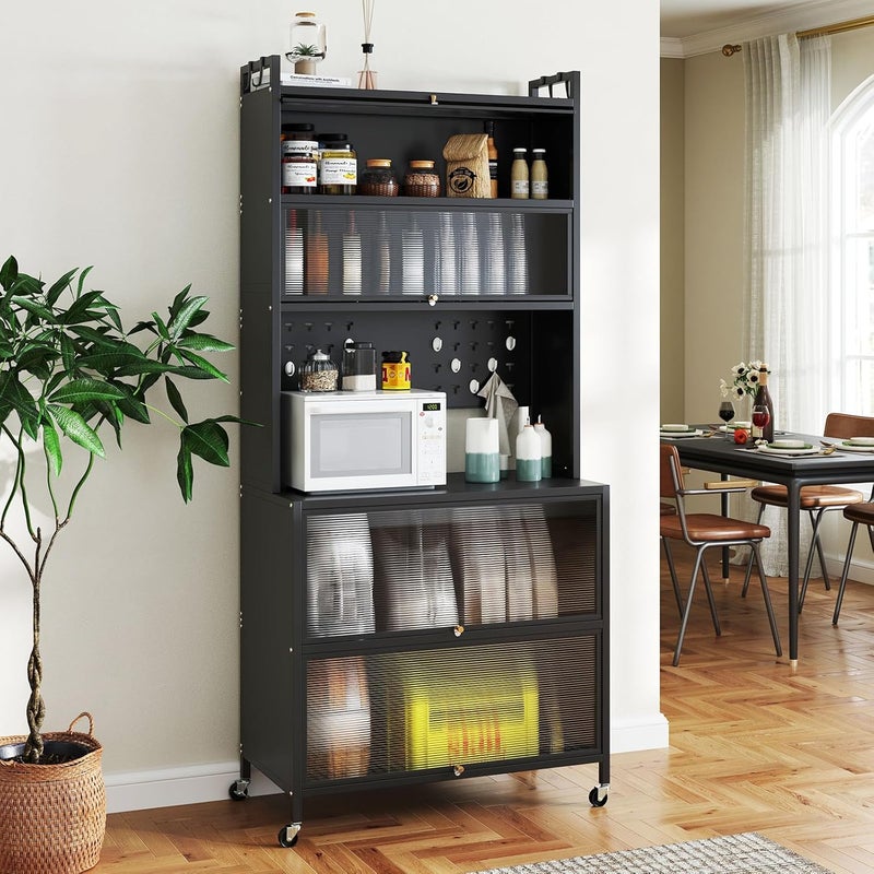 Regał Kuchenny do Przechowywania, Szafka Kuchenna na Uniwersalnych Kółkach, Drzwi Uchylne, do Jadalni (Czarna, 6 Regałów)