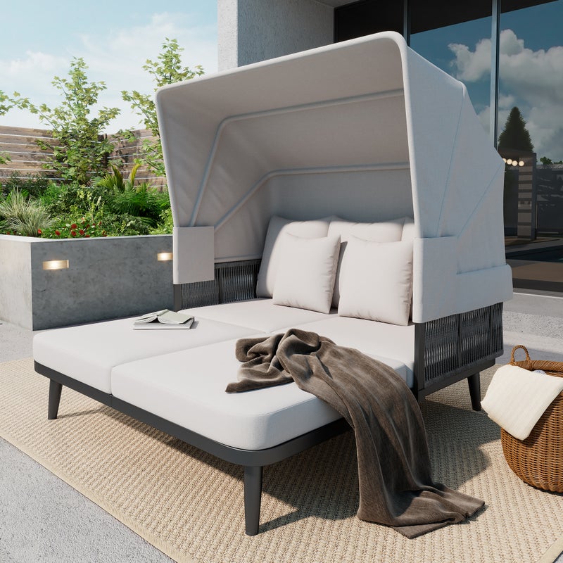 Zestaw mebli ogrodowych 2-osobowy ze stali ocynkowanej, leżak z regulowanym baldachimem, poduszki o grubości 10 cm, szary