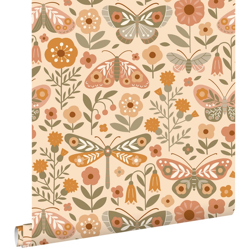 Tapeta kwiaty i motyle pomarańczowymIzielonym - 50 x 900 cm - ESTAHOME