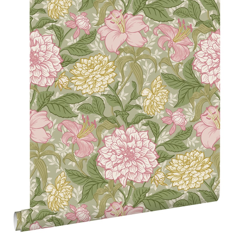 Tapeta zabytkowe kwiaty fioletowym,zielonymIżółtym - 50 x 900 cm - ESTAHOME