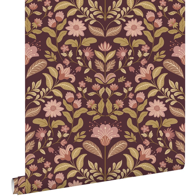Tapeta zabytkowe kwiaty ciemnego fioletuIzielonym - 50 x 900 cm - ESTAHOME