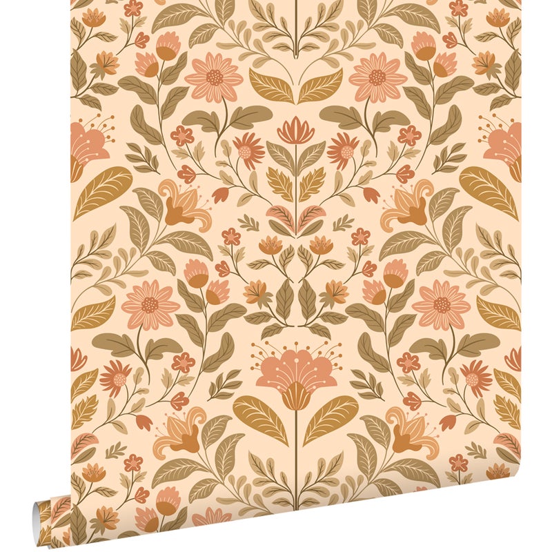 Tapeta zabytkowe kwiaty ciepły beżIzielonym - 50 x 900 cm - ESTAHOME