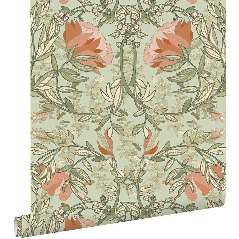 Tapeta vintage kwiaty w stylu secesyjnym zielonymIterakota - 50 x 900 cm - ESTAHOME