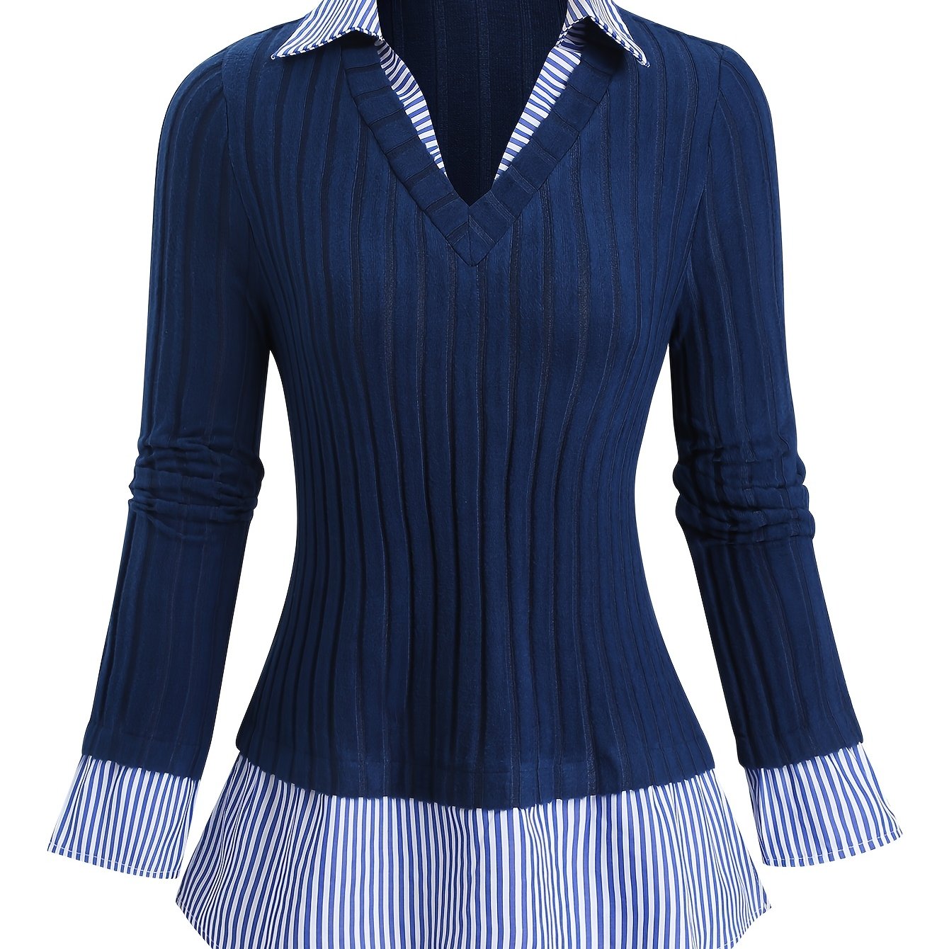 TEMU Damska Koszulka Z Długim Rękawem W Paski Z Blokami Kolorów, V-Neck, Luźny Krój, Casualowa, Modna, Wszechstronna Bluzka Na Jesień I Zimę