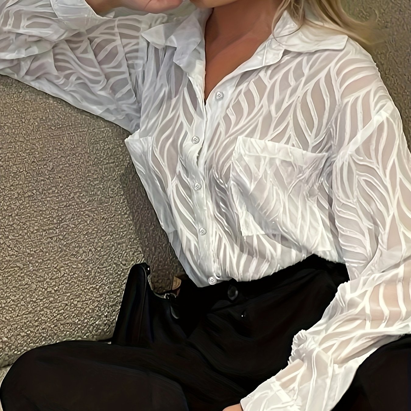 TEMU Elektryczna Biała Bluzka z Długim Rękawem dla Kobiet - Casualowa Koszula z Kołnierzykiem i Półprzezroczystym Wzorem, Nieelastyczny Materiał do