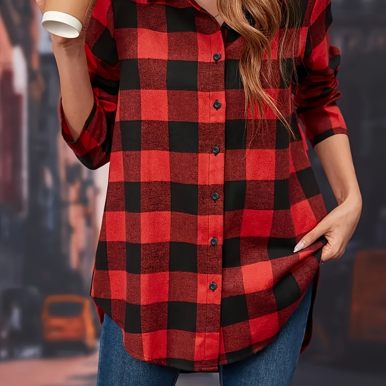 TEMU Damska koszula o luźnym kroju z długim rękawem, w czerwono-kwadratowym wzorze i zapinana na guziki, idealna na co dzień