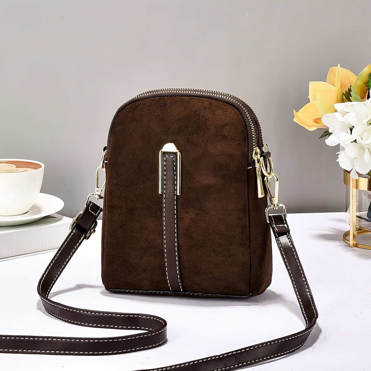 TEMU Damska Sztuczna Torba na Telefon z Sztucznym Sable - Beżowa, Zamykana na Zamek, Idealna do Dojazdów, Zakupów - Stylowa i Trwała Torba na Telefon