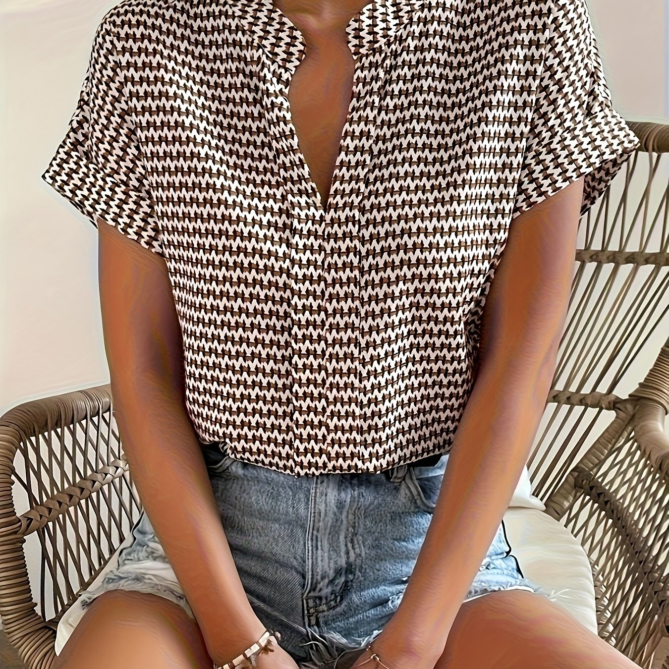 TEMU BK0320043 Koszulka z nadrukiem z dekoltem w serek, wiosenno-letnia casualowa koszulka z krótkim rękawem, odzież damska