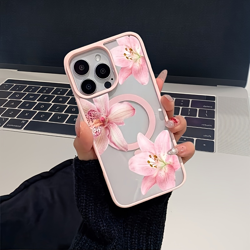 TEMU Etui na telefon - Magnetyczne etui w delikatnych odcieniach z motywem różowej kwiatowej liliowej orchidei, kompatybilne z iPhone 11/12/13/14/15