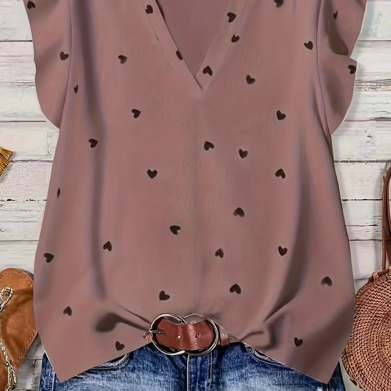 TEMU Nieelastyczna Bluzka z Długim Rękawem w Serduszka, Formalna i Casualowa, Idealna do Biura, na Imprezę i na Co Dzień - Odzież Damska