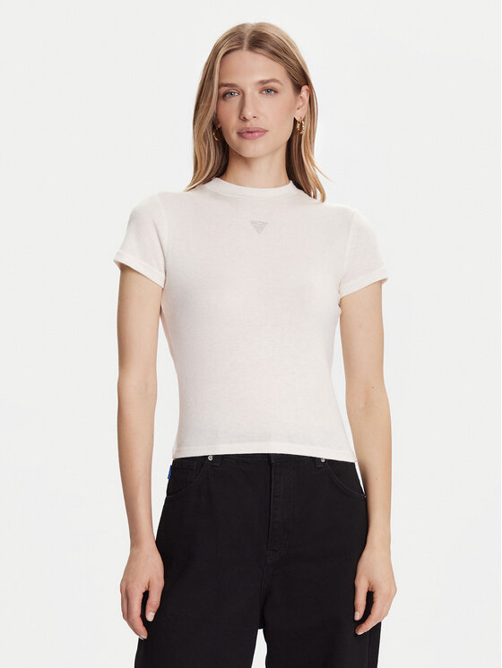 Guess T-Shirt W5BP07 KCGM2 Écru Slim Fit