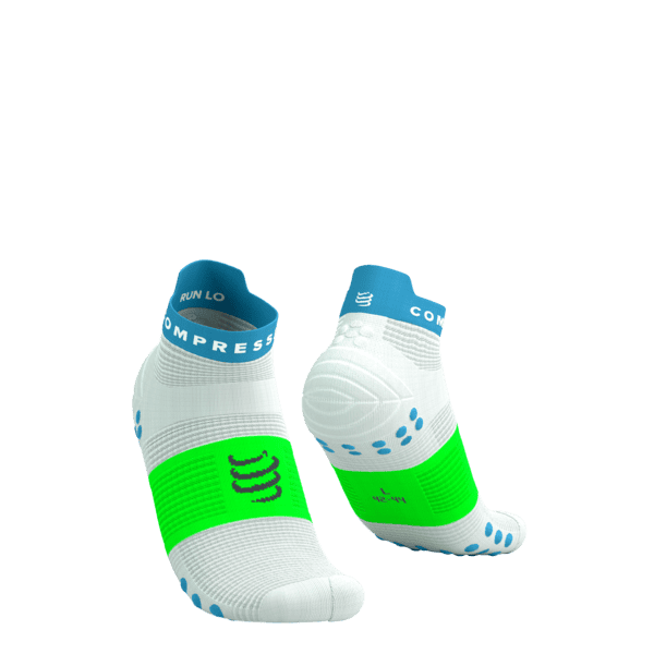 COMPRESSPORT Skarpetki do biegania krótkie PRORACING SOCKS V4 RUN LOW white/norse blue/neon green