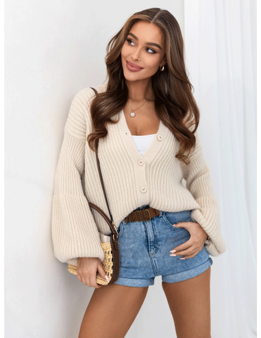 Sweter kardigan zapinany na guziki ROBI - beżowy