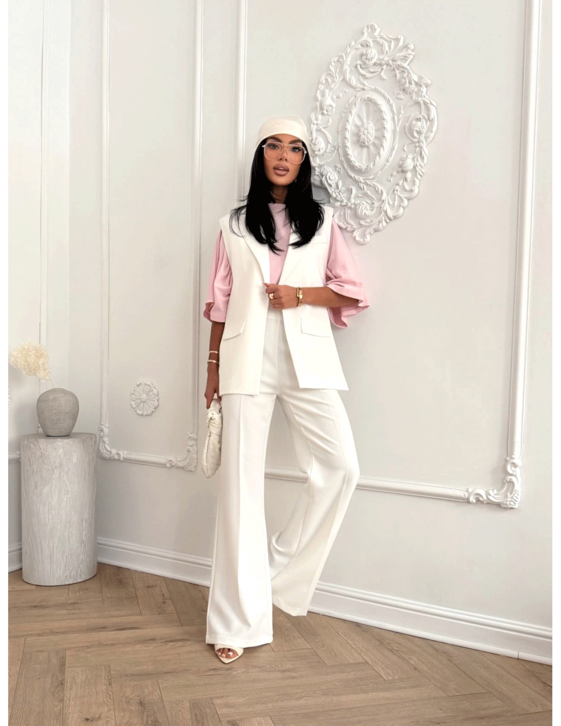 Eleganckie szerokie spodnie z kantem PONTI - białe