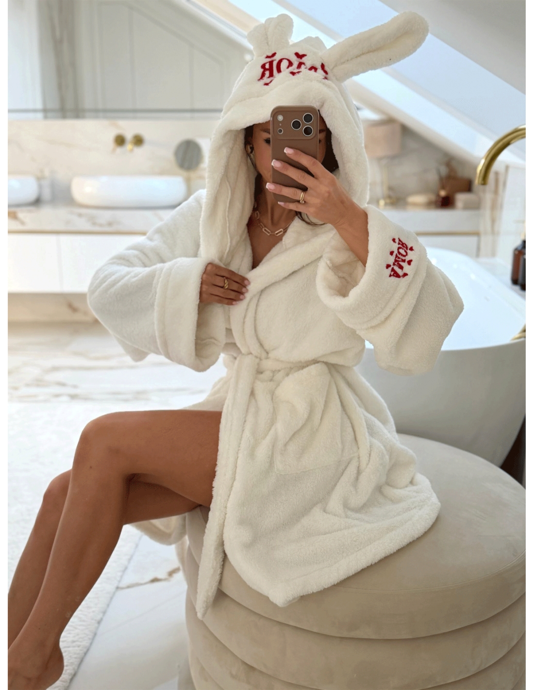 Bawełniany szlafrok z paskiem AMOR - ecru