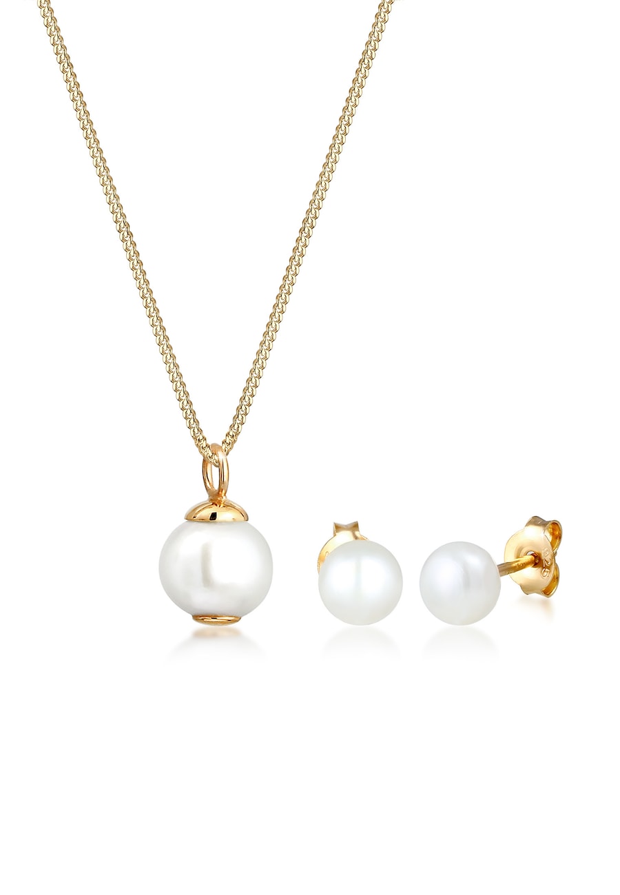 Elli Damski klasyczny elegancki zestaw kolczyków sztyftów Elegant z perłą hodowlana słodkowodną w srebrze próby 925 Sterling Silver Zestawy 1 ct