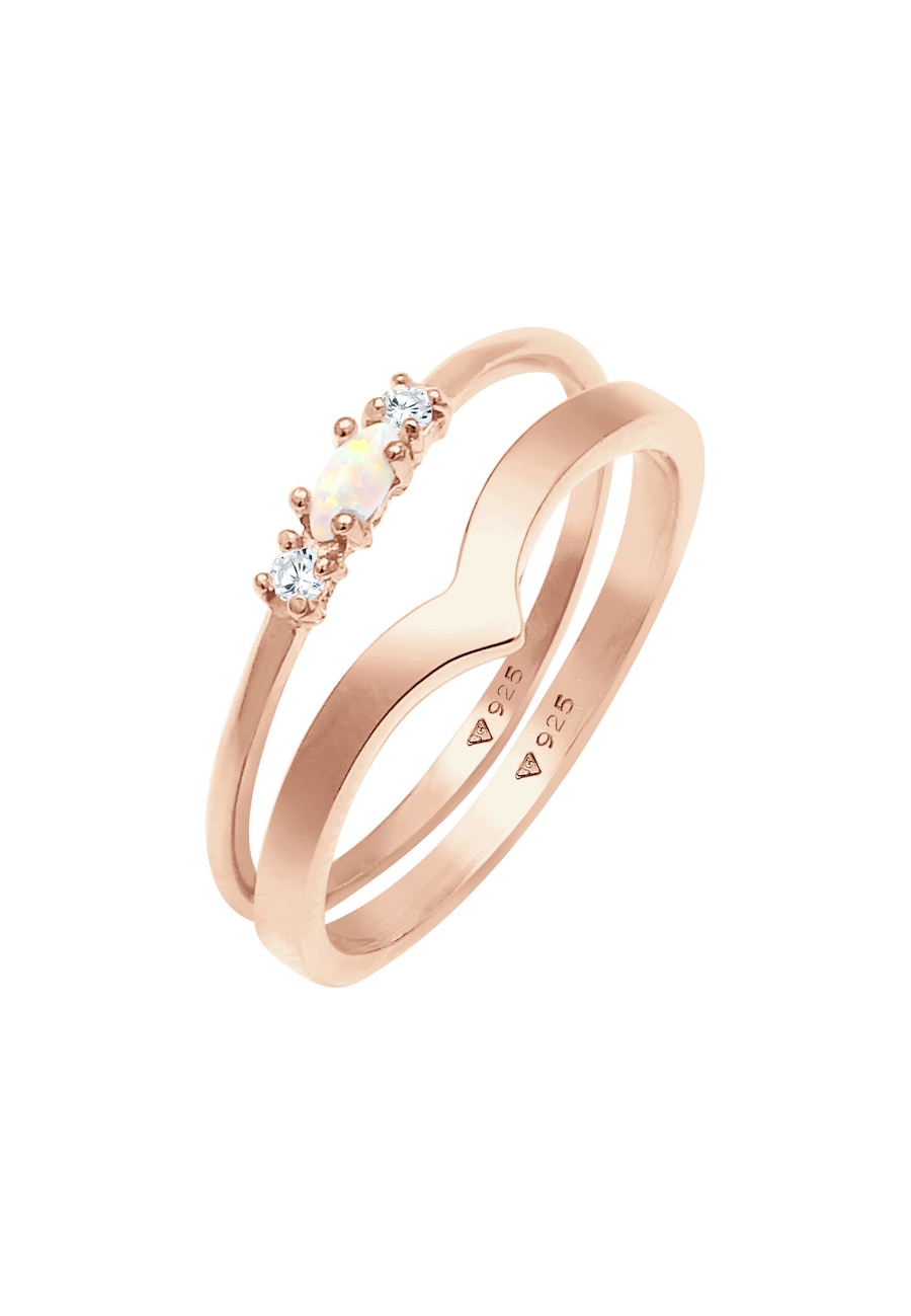 Elli Damski zestaw markiza kształt V Basic z syntetycznym opalem i kryształami cyrkonii w srebrze próby 925 Sterling Silver Pierścionki 1 ct