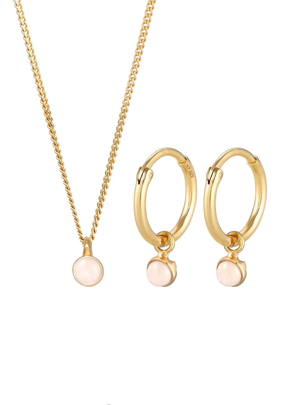 Elli PREMIUM Damskie wisiorek kreolski Elegant Minimal z różowym kwarcem w pozłacanym srebrze 925 Sterling Silver Zestawy 1 ct