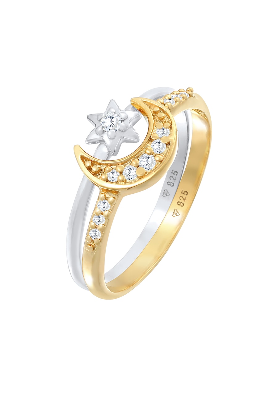 Elli Zestaw pierścionków do łączenia Star Moon Astro Trend z kryształami cyrkonii w srebrze 925 Sterling Silver Pierścionki 1 ct Damski