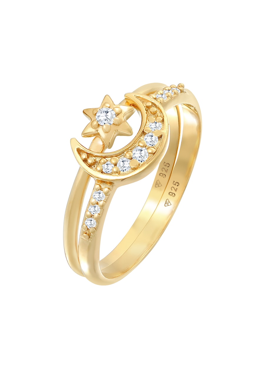 Elli Zestaw pierścionków do łączenia Star Moon Astro Trend z kryształami cyrkonii w srebrze 925 Sterling Silver Pierścionki 1 ct Damski