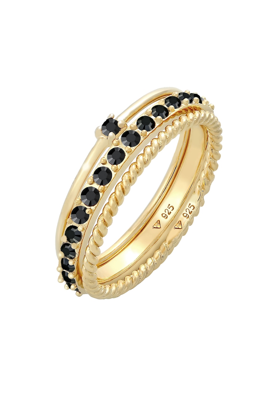 Elli Damski zestaw elegancki Solitaire skręcony Twisted Trend z czarnym kryształem w srebrze925 Sterling Silver Pierścionki 1 ct