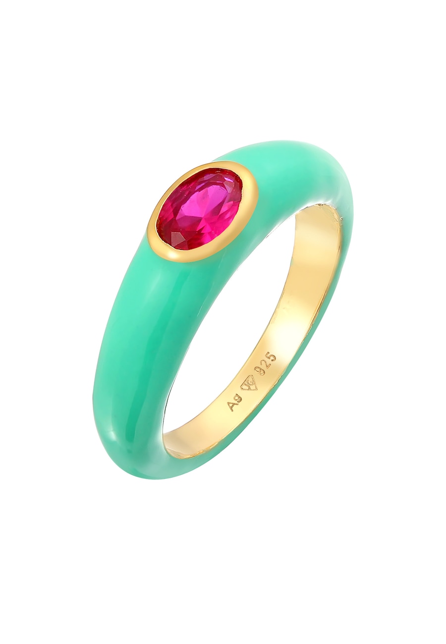 Elli Damski owalny pasjans z pomarańczową emalią i zieloną cyrkonią w pozłacanym srebrze próby 925 Sterling Silver Pierścionki 1 ct