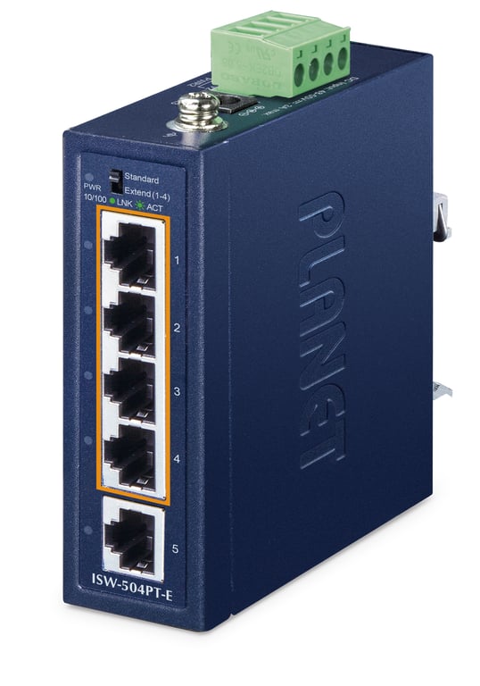 PLANET IP40 Compact size Industrial Nie zarządzany Fast Ethernet (10/100) Niebieski ISW-504PT-E