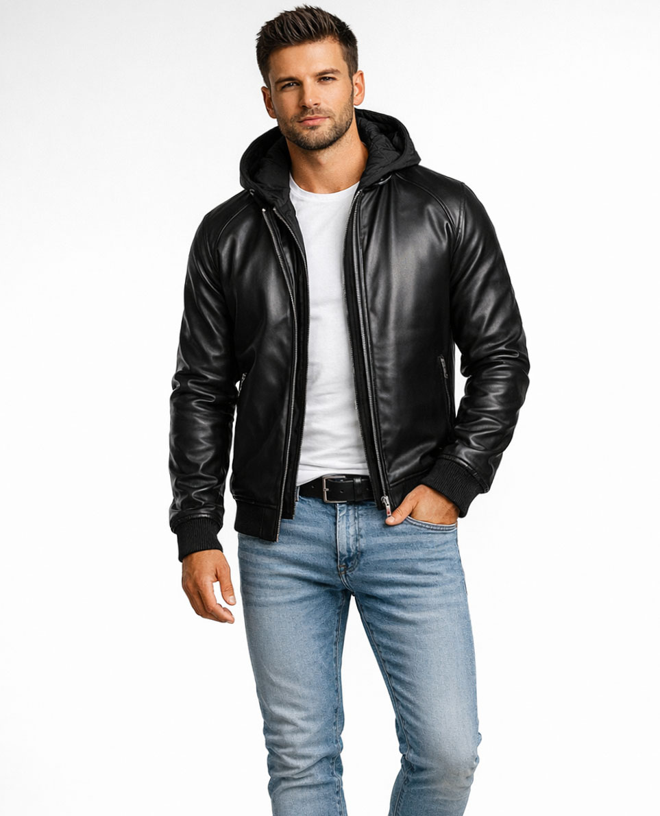 Kurtka męska skórzana czarna z podpinką i kapturem Recea