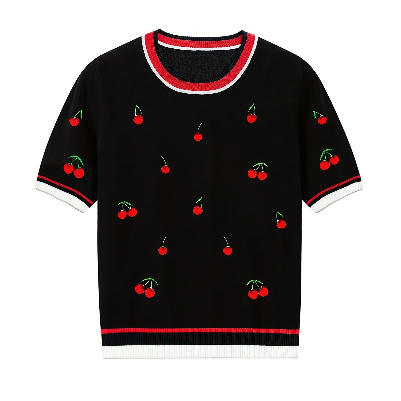 TEMU Sweter damski z okrągłym dekoltem i krótkim rękawem, ozdobiony haftem dla unikalnego stylu, niezbędny w modnej codziennej garderobie, odzież