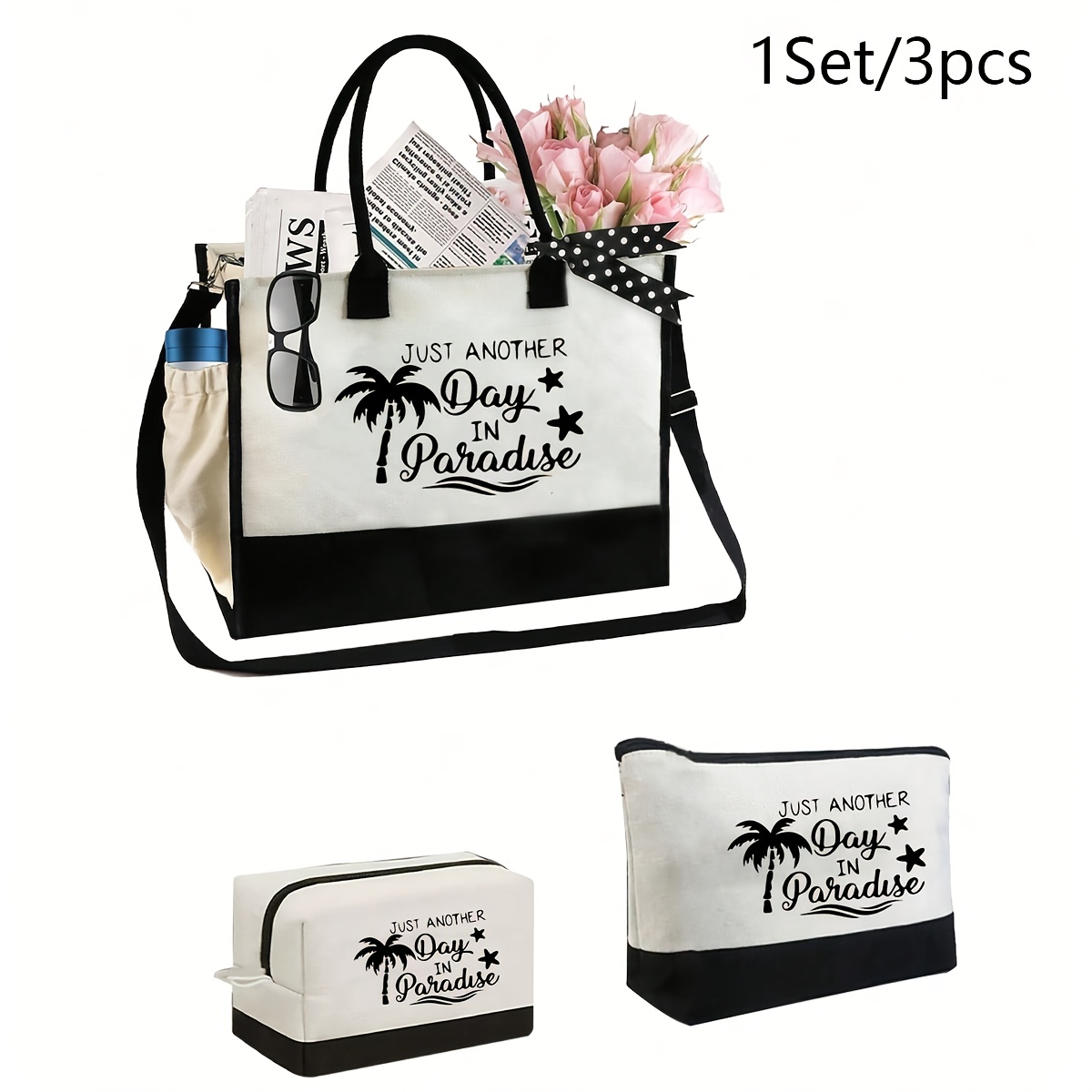 TEMU [Damska Torba Tote] 1 Zestaw/3 szt. Torba Plażowa Tote z Nadrukiem Drzewa Kokosowego i Kosmetyczka, Dodatki Plażowe, Torba Tote o Dużej