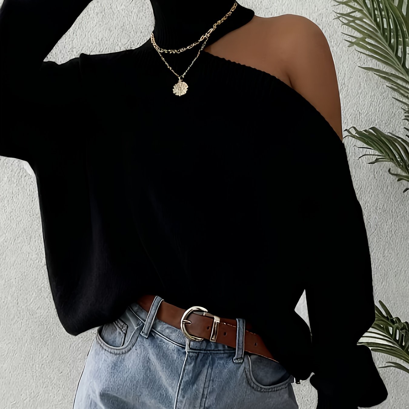 TEMU Nowy Modny Elegancki Sweter Damski z Wysokim Kołnierzem i Odkrytymi Ramionami w Jednolitym Kolorze