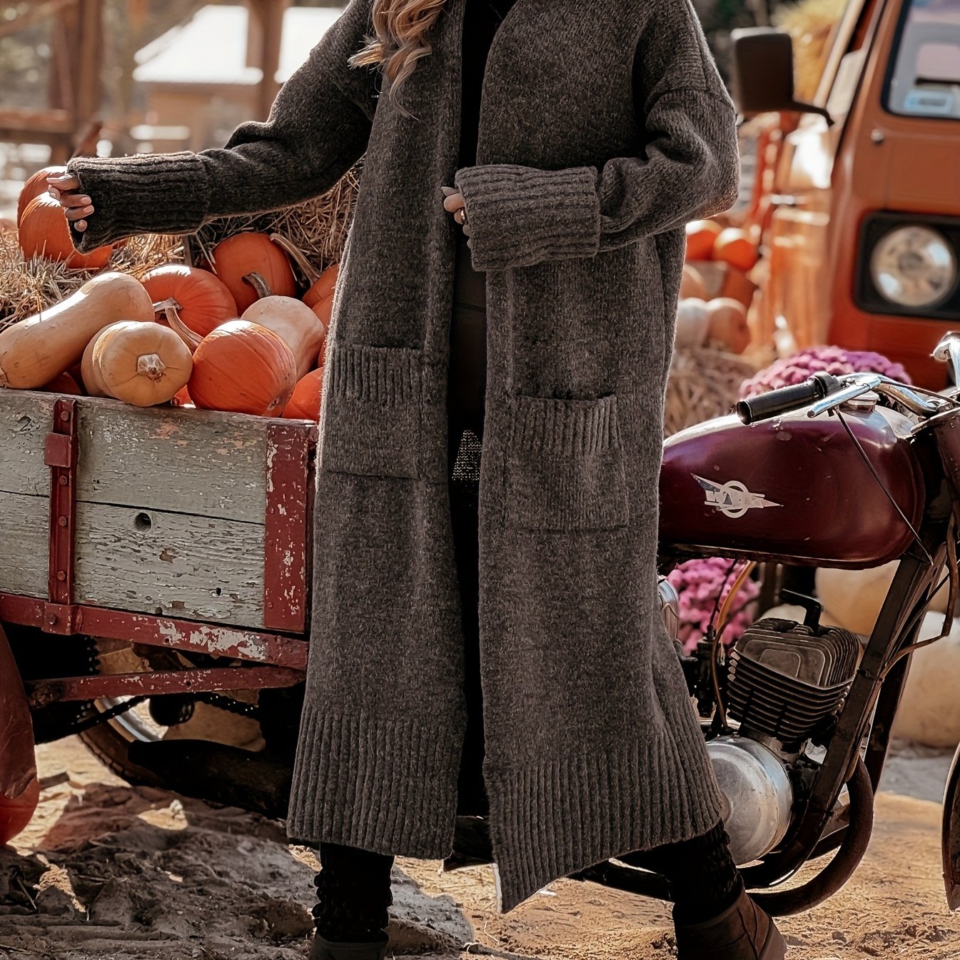 TEMU Damski Gruby, Jednolity , Luźny Długi Płaszcz Styl Retro z Podwójnymi Kieszeniami, Casualowy Design Bez Kołnierzyka na Jesień/Zimę