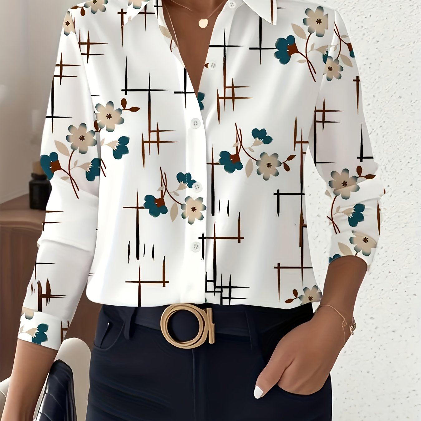 TEMU Elegancka Koszula Damska z Kołnierzykiem i Guzikami – Bluzka z Długim Rękawem i Zapięciem na Guziki, Profesjonalny Strój Biurowy, Klasyczna