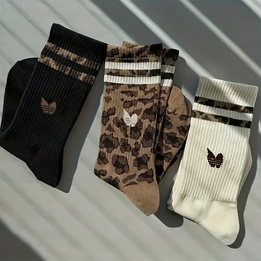 TEMU 3 pary damskich skarpet do połowy łydki , letnie i jesienne, w panterkę, w stylu retro, w paski, sportowe skarpety do połowy łydki, modne