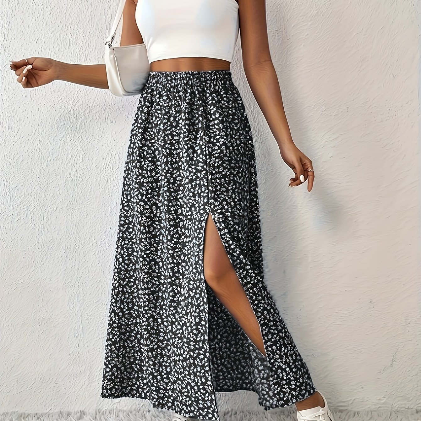 TEMU Elegancka spódnica maxi z kwiatowym nadrukiem dla kobiet z wysokim rozcięciem - czarno-biały wzór kwiatowy, luźny krój, długość na