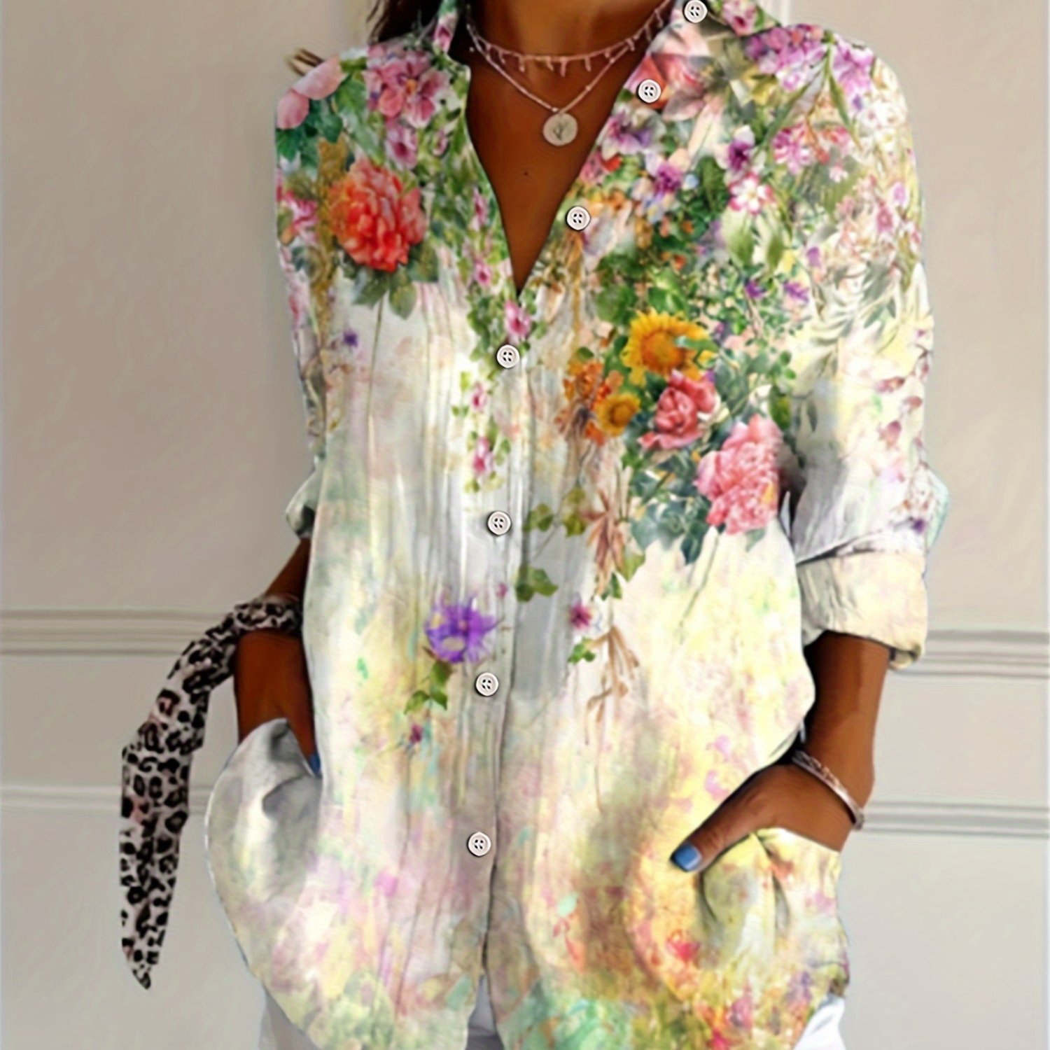 TEMU Europejska i amerykańska modna jesienno-zimowa koszulka z długim rękawem, dekoltem w serek i kwiatowym nadrukiem 3D