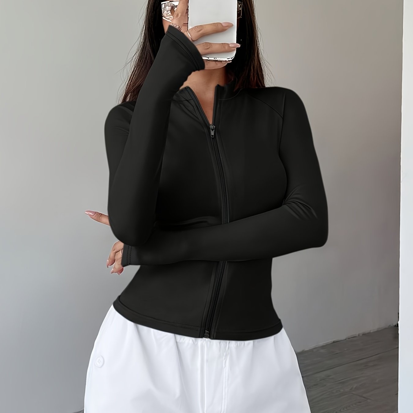 TEMU Elegancki kardigan damski z długim rękawem i zamkiem błyskawicznym - czarny, styl Y2K, okrągły dekolt, jednolity , stylowe detale z zamkiem