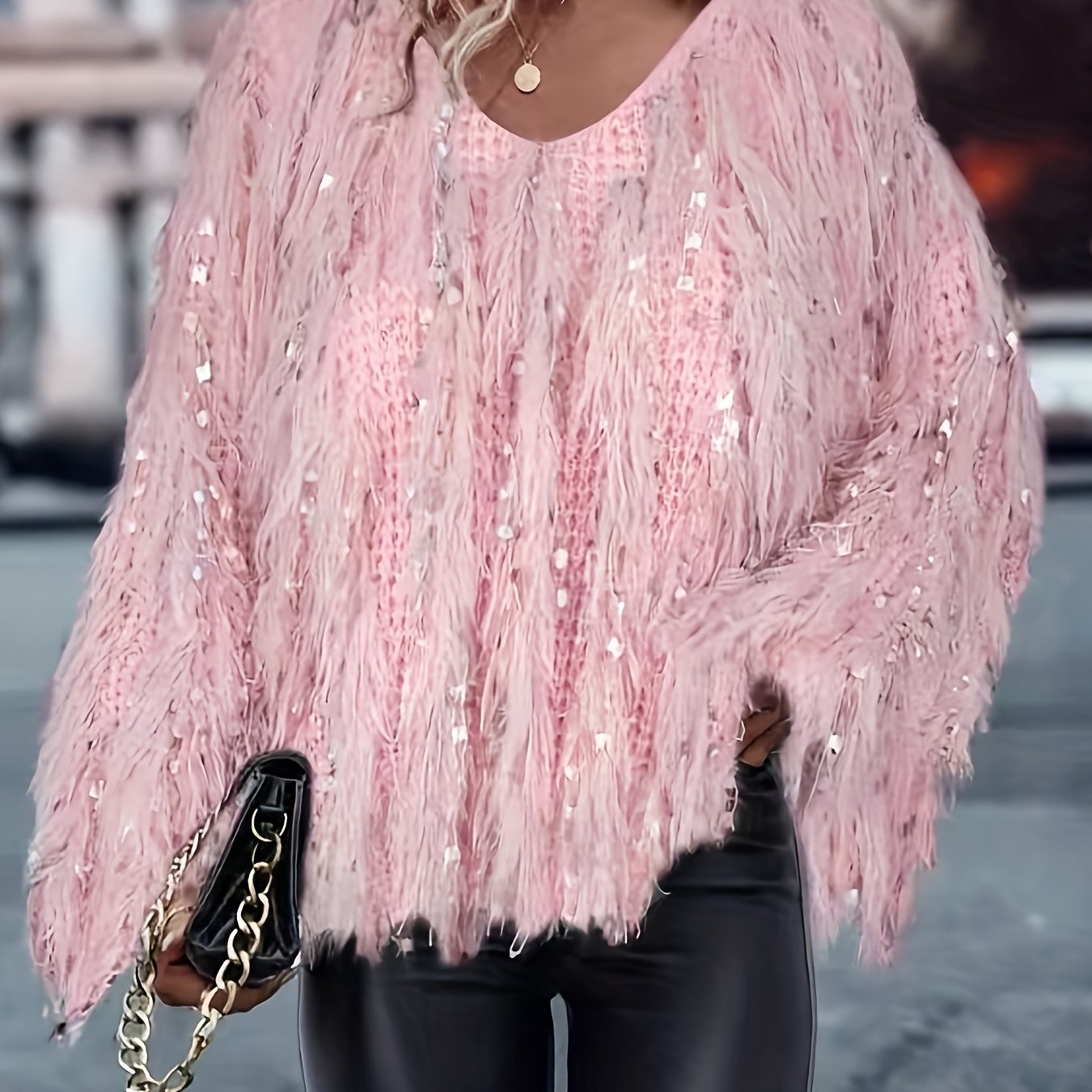 TEMU Sweter damski z długim rękawem i frędzlami, modny pullover casualowy