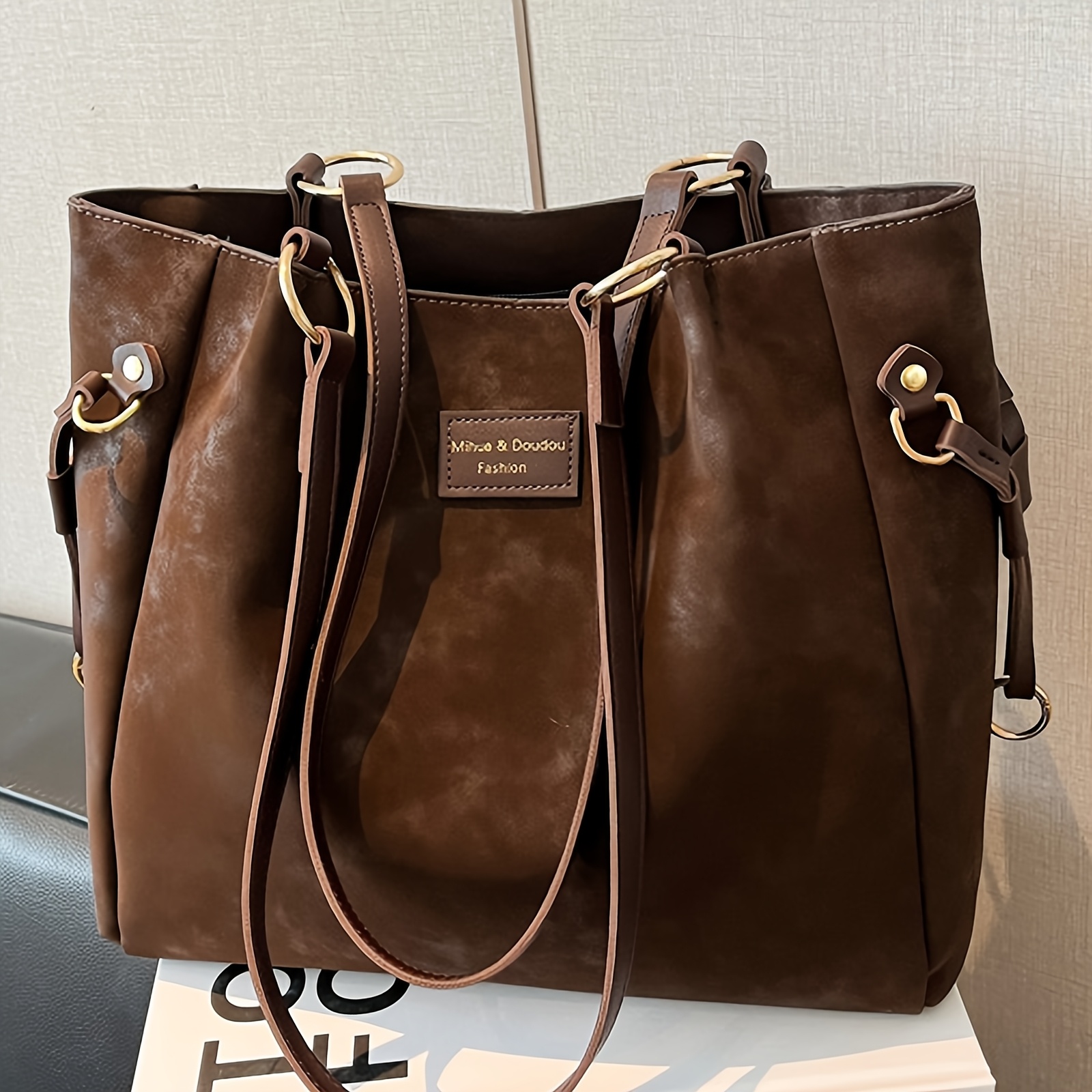 TEMU Zamszowa Nowoczesna Torba Damska w Stylu Vintage, Jednokolorowa, Duża Pojemność, Wszechstronna z Frędzlami, Elegancka Torba na Ramię, Klasyczna