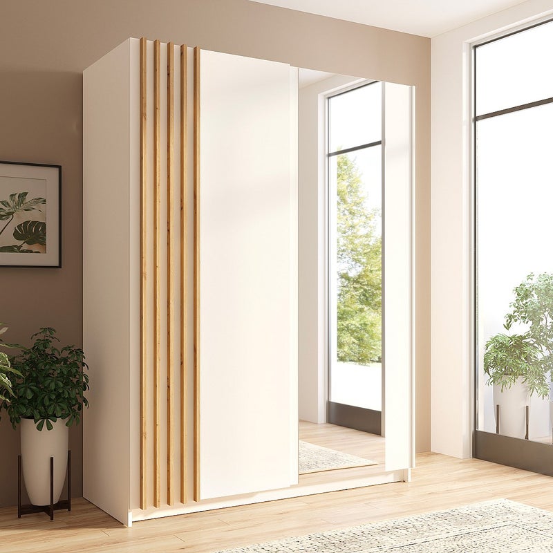Szafa 2-drzwiowa przesuwna – Lustro – dł. 150 cm – Biała i naturalna – CALELA