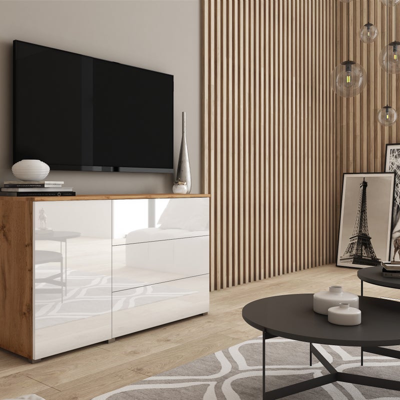 Komoda do salonu 110 cm PARMA dąb wotan/biały połysk