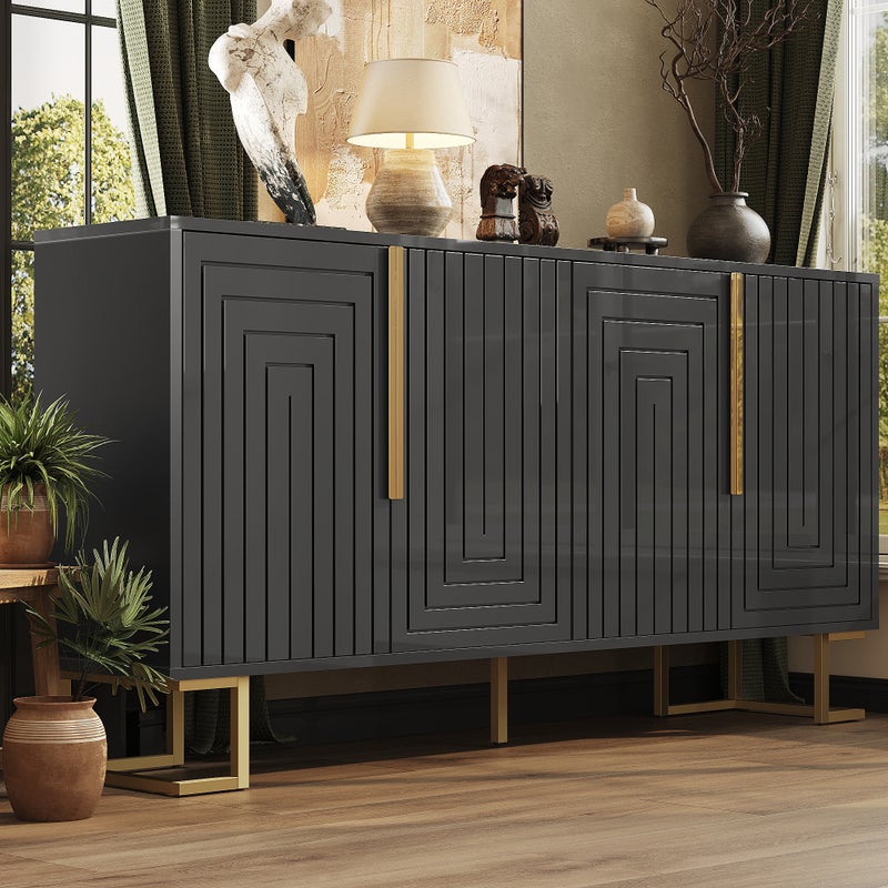 Komoda niska z 4 drzwiami - 152 x 40 x 75 cm - MDF i nogi metalowe w kolorze złotym - Czarny