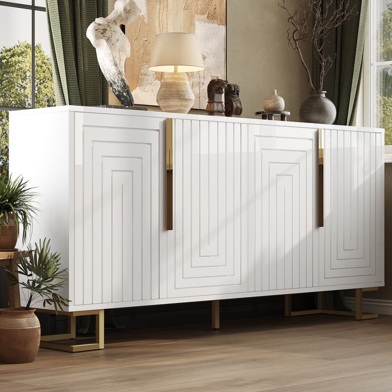 Komoda niska z 4 drzwiami - 152 x 40 x 75 cm - MDF i nogi metalowe w kolorze złotym - Biała