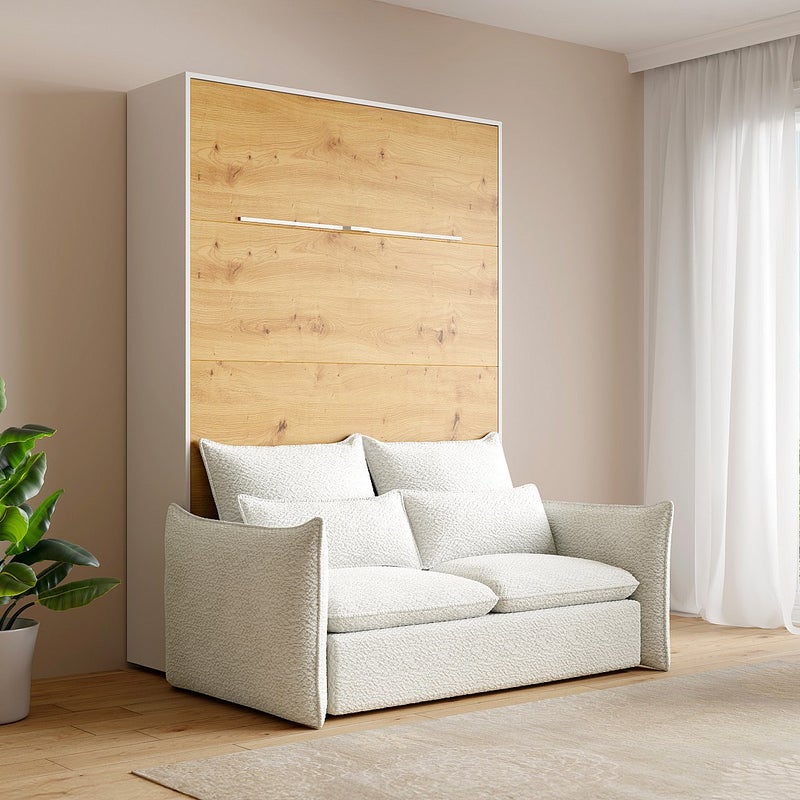 Łóżko chowane w szafie 140 x 200 cm - Otwierane pionowo ręcznie - Z oświetleniem LED - Białe i naturalne + Kanapa - RAPILI